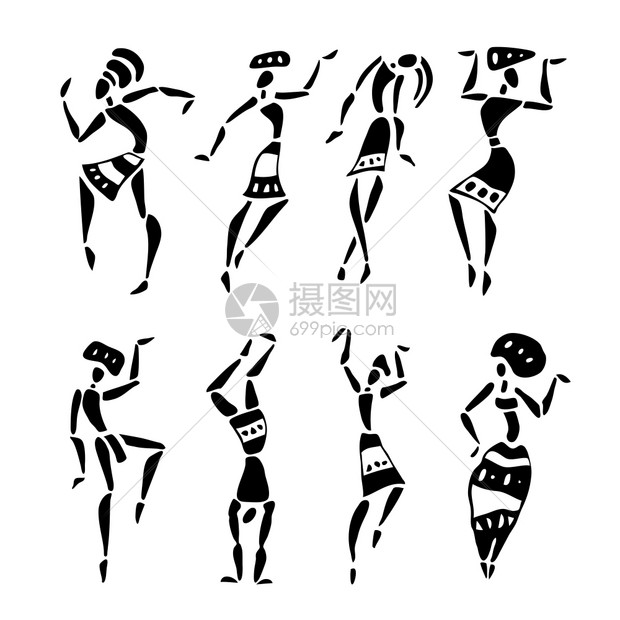 非洲舞者的数字人们轮廓设置矢量说明图片