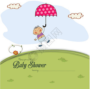 草地上打着雨伞的小男孩矢量插画图片
