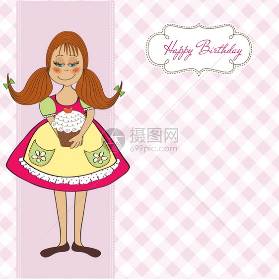 带生日蛋糕矢量插图的搞笑女孩图片