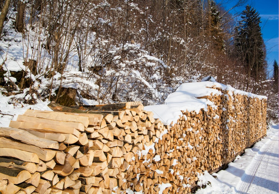 冬季室外被雪覆盖的木柴图片