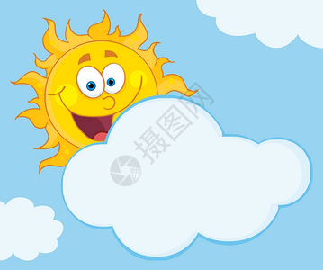 阳光快乐马斯科特卡通字符隐藏在云中图片