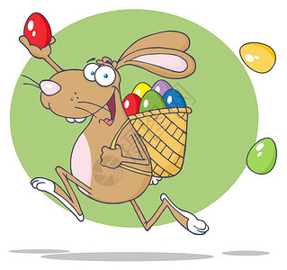 带着篮子和鸡蛋奔跑的棕复活节兔子快乐图片