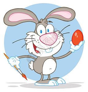 快乐的灰色兔子绘制复活节鸡蛋图片