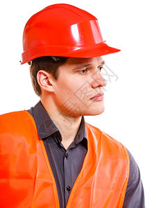 建筑工人长穿着橙色安全背心戴着红色硬帽孤立在白色上工业作安全室中图片