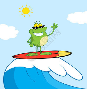 卡通可爱海上冲浪时快乐的青蛙图片