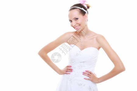 今天是结婚日年轻有魅力的浪漫新娘穿着白色礼服的年轻浪漫新娘孤立在白色背景上图片