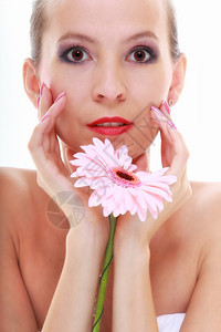 年轻有魅力的浪漫女孩新娘粉红色花雪贝拉菊孤立在白色背景图片