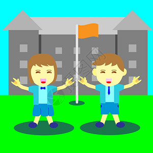 可爱少女漫画男孩和女孩在学校的快乐时光插画