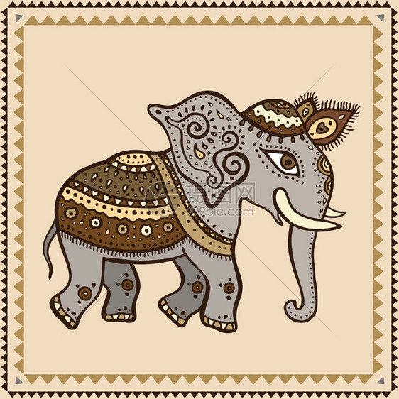 民族大象手画矢量图印地安风格图片