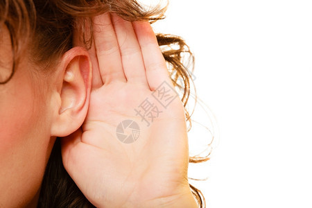 部分女头用手听耳聋孤立在白色背景上图片
