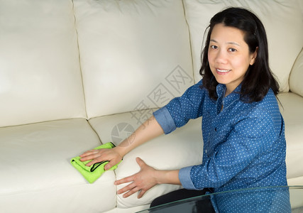 成年女横向照片展望未来用手拿着微纤维布清洗白色皮革沙发图片