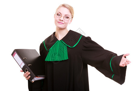 年轻女律师身着经典油波兰黑色绿礼服有档案文件夹欢迎鼓励手标志势图片