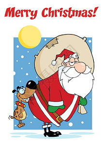 爸爸与儿子圣诞快乐与狗咬圣诞老人在夜里插画