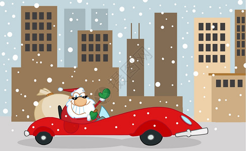 圣诞老人坐汽车来城里图片