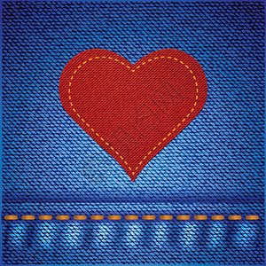 在蓝色牛仔裤背景上用红心显示蓝色牛仔裤背景的彩多插图用于设计图片