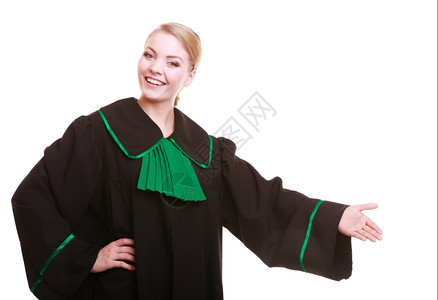 法律庭或司概念传统抛光波兰黑色绿袍欢迎邀请手势标志的年轻女律师图片
