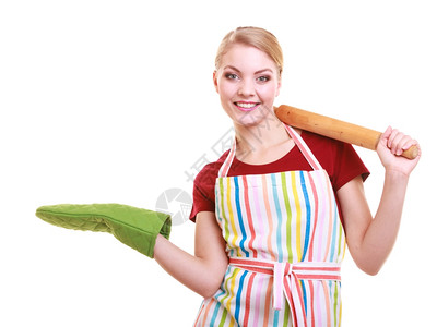 快乐家庭主妇或身着厨房围裙的面包师主厨绿烤炉手持烘滚针空的复制间用白隔开的手掌伸和白隔展示图片