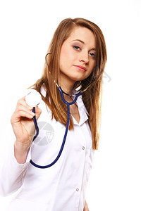 持有听诊器的女医生或护士疗保险的务人员白种图片