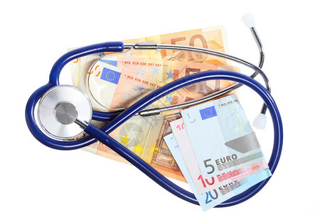 良好的保健服务概念对货币的蓝色欧元纸钞听诊器图片