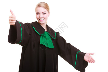 法院或司概念Womn律师身着经典油波兰黑绿礼服欢迎激励手势或给予掌以握在白色上与世隔绝图片