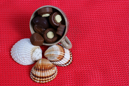 红色背景上的贝壳和巧克力糖果图片