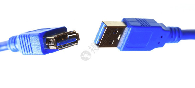 白上隔离的蓝色USB电缆图片