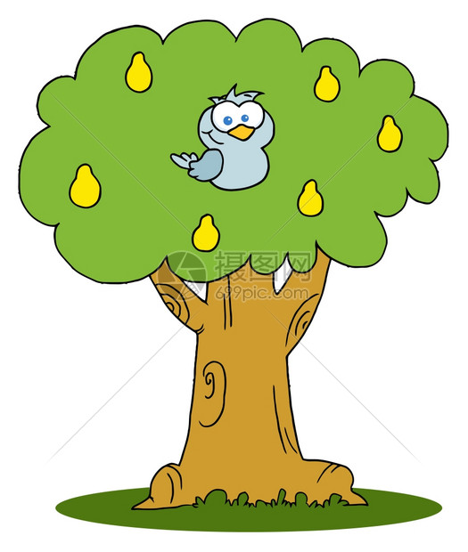 梨树上的可爱小鸟卡通矢量插图