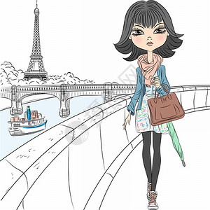 穿着围巾的美时装女郎带着雨伞和袋子在水边行走俯视着巴黎的埃菲尔铁塔图片