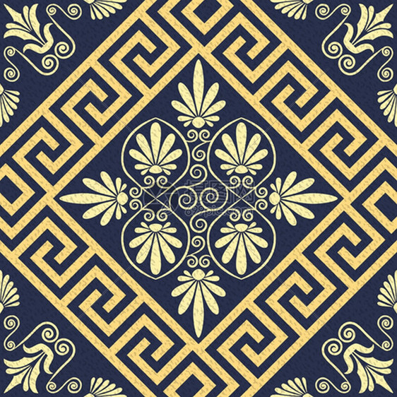 希腊传统古金装饰品Meander和蓝底花纹图片