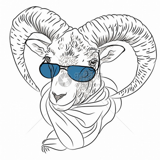 手绘戴着眼镜的羊头卡通矢量插图图片