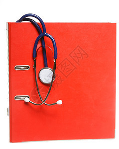 保健蓝色听诊器和白孤立的红文件夹背景图片