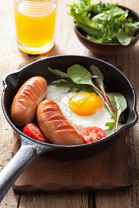 平底锅里的煎鸡蛋和香肠番茄图片
