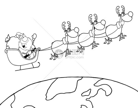 驯鹿和圣诞公队在其滑雪飞行于地球之上图片