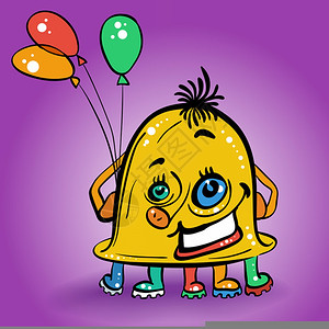 带多色气球的笑着黄怪物矢量漫画图片