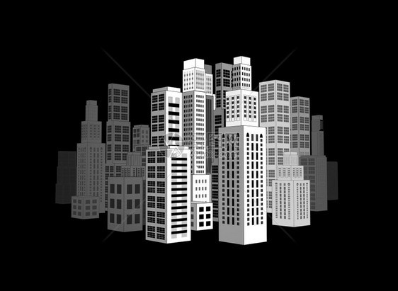 有三维建筑和摩天大楼的城市黑色背景的矢量插图图片