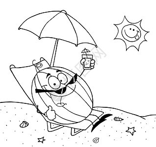 黑白线稿卡通西瓜人物形象在海滩上拿着一杯饮料图片