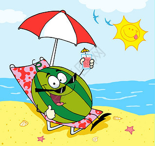 卡通西瓜人物形象在海滩上拿着一杯饮料图片