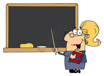 学校女教师与指针显示在粉笔牌板上图片