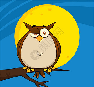 矢量月亮树上猫头鹰卡通插画插画