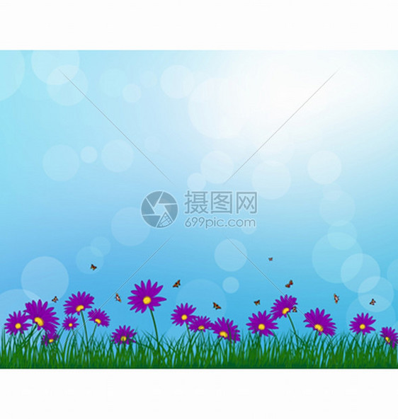 绿色的草地上盛开的紫色鲜花和飞舞的蝴蝶矢量插画背景图片