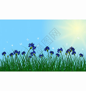 绿色的草地上盛开的鲜花和飞舞的蝴蝶矢量插画背景图片