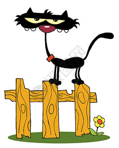 木栅栏上站着黑色的猫图片