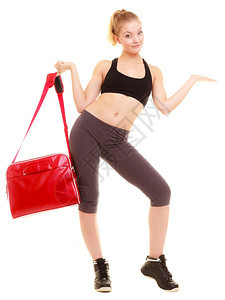 运动和积极生活方式全年体操运动的女孩体操袋显示手边空格用白色隔开图片
