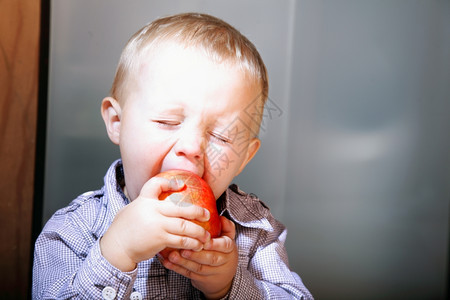 小男孩在吃苹果图片