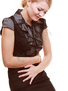 Bellyache消化不良或月经年轻女孩胃痛被白的孤立图片