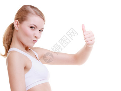 健康保生活方式身运动妇女举起手势微笑着快乐的金发女子运动白种背景孤立无援图片