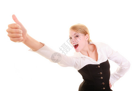 商业工作的成功商业女人庆祝升职白脱身快乐女孩露出拇指图片