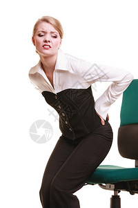 商业界年轻女人有背痛的女人在白色上被孤立工作时间长身体健康图片
