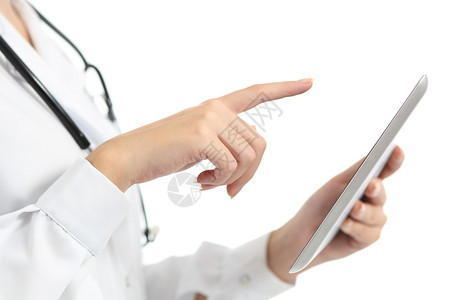 女医生用手触摸白面孤立的数字片图片