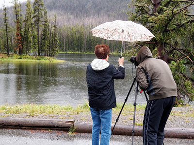 高龄女在拍摄雨水中小湖的照片时图片